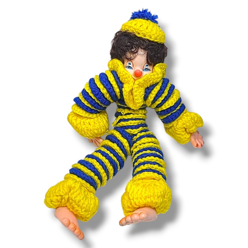 Vintage 13" Yarn Wrapped Bendy‎ Clown Doll Handmade Retro Circus Decor